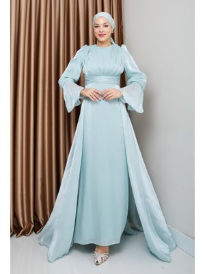 Pelerin Etekli Yoryo İpek Abiye Elbise Mint Pelerin Etekli Yoryo İpek Abiye Elbise Mint