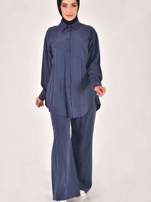 Lacivert Cupro Kumaş Tek Cepli Düğmeli İkili Takım