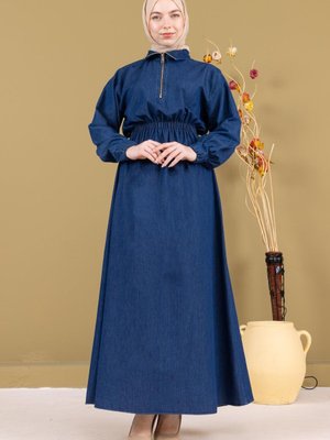 Koyu Mavi Fermuarlı Beli Lastikli Kot Elbise