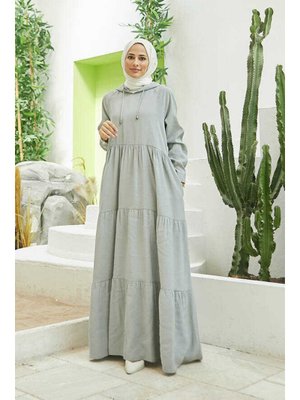 Açık Gri Modal Kapüşonlu Reglan Kollu Elbise