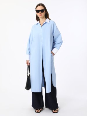 Mavi Pamuklu Poplin Oversize Gömlek Tunik