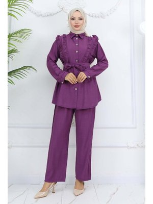 Mor Fırfır Detaylı Kuşaklı İkili Takım