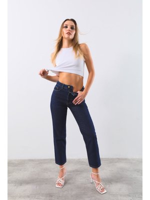 Yüksek Bel Bol Paça Lacivert Jean Pantolon