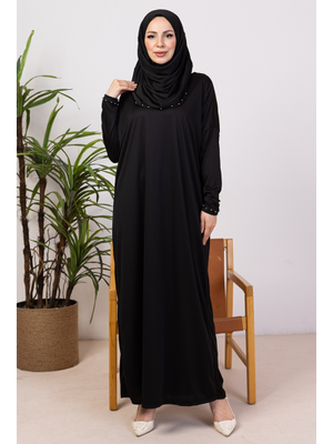 Siyah Taşlı Pratik Tek Parça Namaz Elbisesi