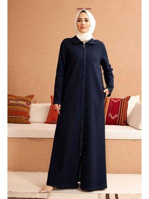 Petrol Denim Fermuarlı Ferace Koyu