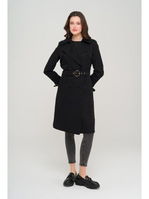 Siyah Pelerin Ve Apolet Detaylı Kruvaze Astarlı Trençkot
