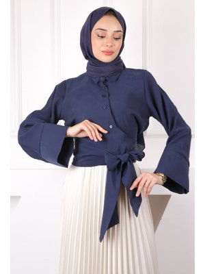 Lacivert Bel Bağlamalı Crop Gömlek