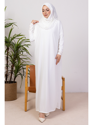 Beyaz Taşlı Pratik Tek Parça Namaz Elbisesi