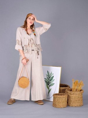 Krem İtalyan Beli Korsajlı Tokalı Kemerli Bol Paçalı Keten Pantolon Krem İtalyan Beli Korsajlı Tokalı Kemerli Bol Paçalı Keten Pantolon