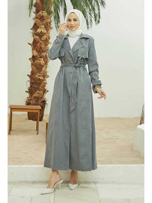 Gri Allerli Denim Trençkot
