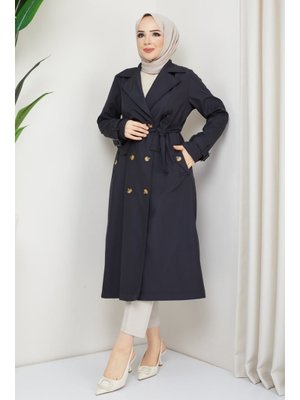 Kruvaze Yaka Kuşaklı Astarlı Siyah Trençkot