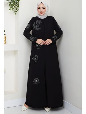 Siyah Büyük Beden Lale Taşlı Anne Elbisesi