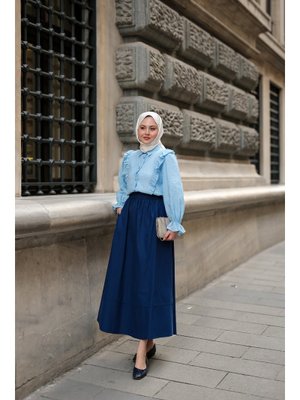 Lacivert Beli Lastikli Poplin Etek Lacivert Beli Lastikli Poplin Etek