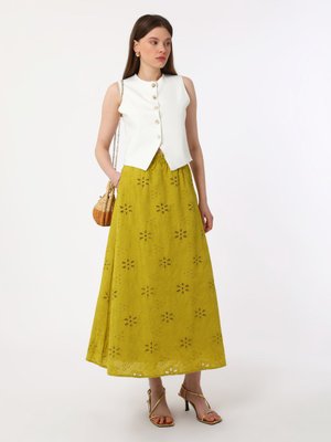 Yağ Yeşili Fisto Nakışlı Beli Lastikli Şık Etek