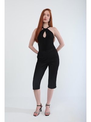 Siyah Beli Lastikli Likralı Esnek Jean Kapri