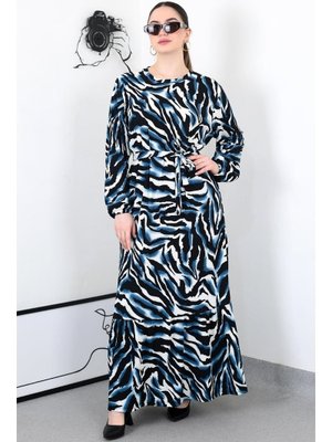 Mavi Desen Kuşaklı Battal Elbise