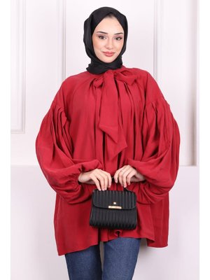 Bordo Yaka Bağlamalı Balon Kol Tunik