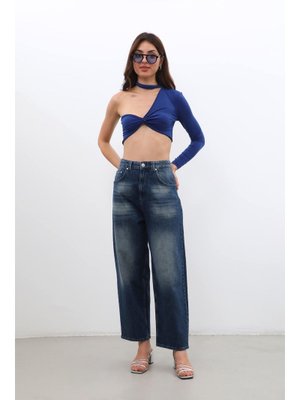 Lacivert Yüksek Bel Skater Fit Jean Pantolon