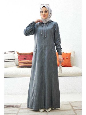 Gri Denim Kapüşonlu Ferace