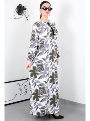 Haki Gül Desenli Püskullü Battal Elbise