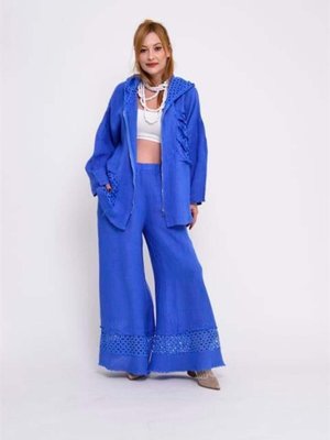 Mavi İtalyan Fisto Paça Detaylı Keten Pantolon