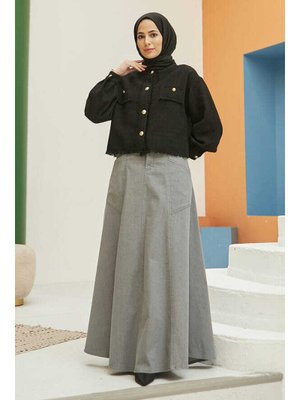 Gri Denim Parçalı Mevlana Kot Etek
