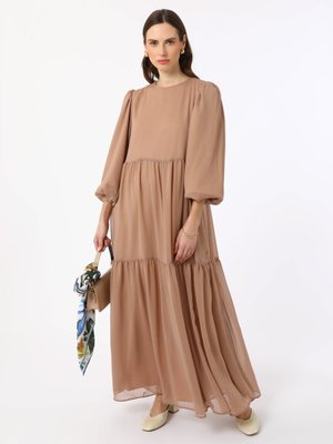 Sütlü Kahve Balon Kollu Astarlı Şifon Elbise