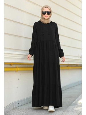 Siyah Krep Kapüşonlu Reglan Kollu Elbise