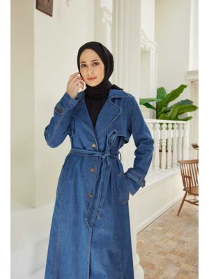 Koyu Mavi Battal Allerli Denim Trençkot