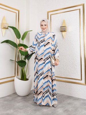 Mavi Hakim Yaka Ve Önü Düğmeli Yandan Cep Detaylı İle Desenli Dokuma Viskon Battal Elbise Mavi Hakim Yaka Ve Önü Düğmeli Yandan Cep Detaylı İle Desenli Dokuma Viskon Battal Elbise