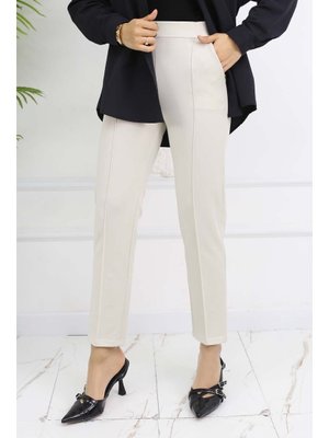 Taş Rengi Çift Düğme Detaylı Cepli Havuç Pantolon