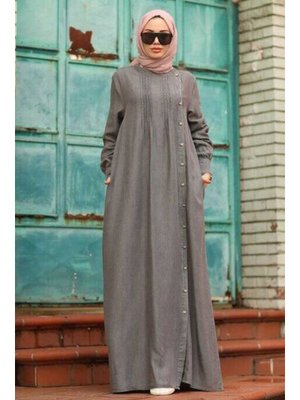 Gri Denim Yandan Düğmeli Ferace