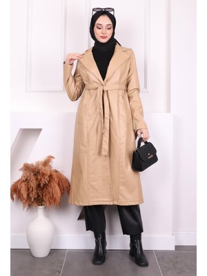 Camel Bel Kuşaklı Deri Trençkot