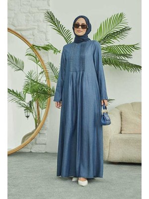 Koyu Mavi Nervürlü Elbise