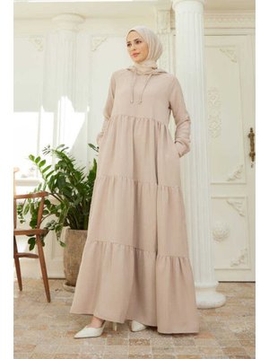 Bej Berlin Kapüşonlu Reglan Kollu Elbise