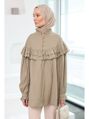 Robası Fırfırlı Cupra Tencel Gömlek Küf Yeşil