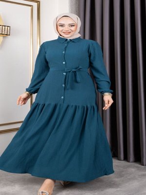Turkuaz Belden Kuşaklı Ve Bisiklet Yaka Önü Düğmeli Bürümcük Kumaş Elbise Turkuaz Belden Kuşaklı Ve Bisiklet Yaka Önü Düğmeli Bürümcük Kumaş Elbise