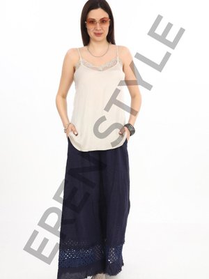 Lacivert İtalyan Fisto Paça Detaylı Keten Pantolon