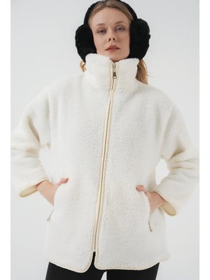 Ekru Fermuarlı Peluş Mont Ekru Fermuarlı Peluş Mont
