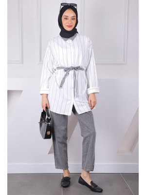Füme Bel Kuşaklı Kot Garnili Tunik Pantolonlu Takım