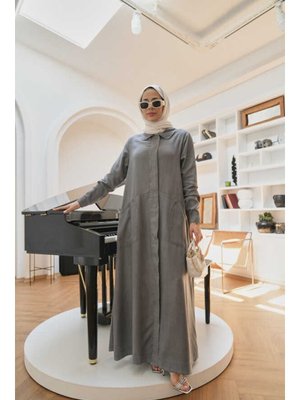 Gri Tensel Düğmeli Ferace