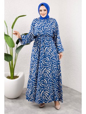 İndigo Desenli Beli Lastikli Viskon Elbise