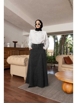 Füme Denim Mevlana Parçalı Etek Füme Denim Mevlana Parçalı Etek