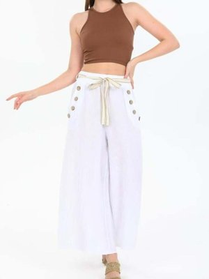 Beyaz İtalyan Korsajlı Düğme Detay Otantik Kemerli Bol Paçalı Keten Pantolon