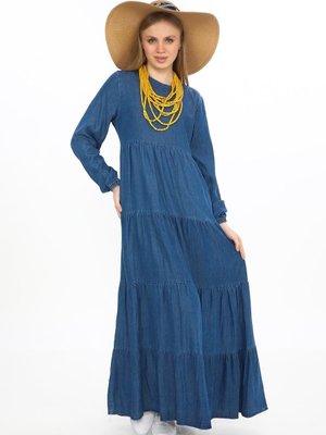 Mavi Ferace Uzun Kol Kar Yıkama Önden Düğmeli Kot Elbise