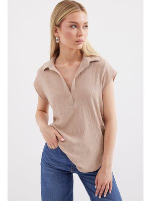 Bej Polo Yaka Örme Bluz Bej Polo Yaka Örme Bluz