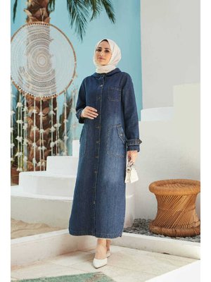 Koyu Mavi Denim Kapüşonlu Kap Koyu Mavi Denim Kapüşonlu Kap