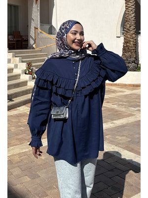 Lacivert Robası Fırfırlı Cupra Tencel Gömlek