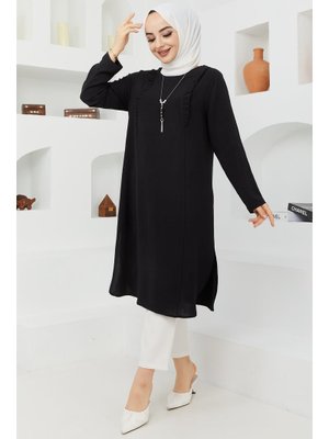 Büyük Beden Yırtmaç Detaylı Fırfırlı Tunik/siyah Büyük Beden Yırtmaç Detaylı Fırfırlı Tunik/siyah