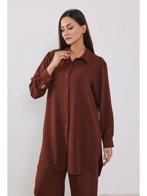 Kahverengi Salaş Ve Şık Rahat Kesim Aerobin Uzun Gömlek,gm